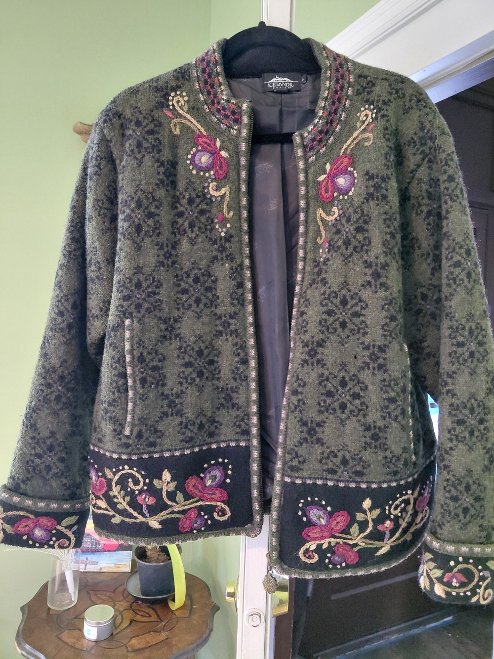 Embroidered Green Wool-Blend Open Jacket by L.L.Bean